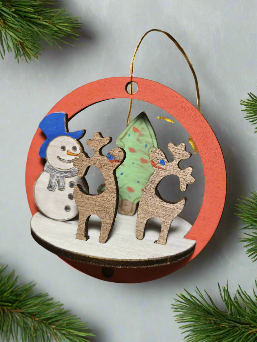 Reusable Wooden Bauble with Tree, Snowman & Reindeer – FSC Poplar Ply: Colour it yourself!