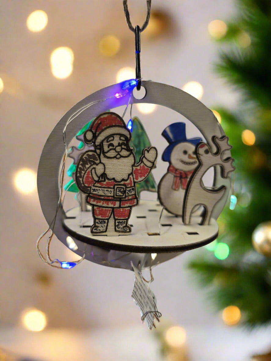 Decorative circular Christmas tree decoration with Santa, Reindeer, Snowman and Tree.