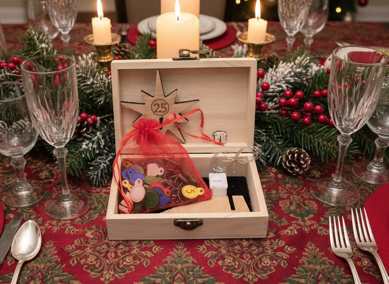 Wooden box with decorative items on a grid background