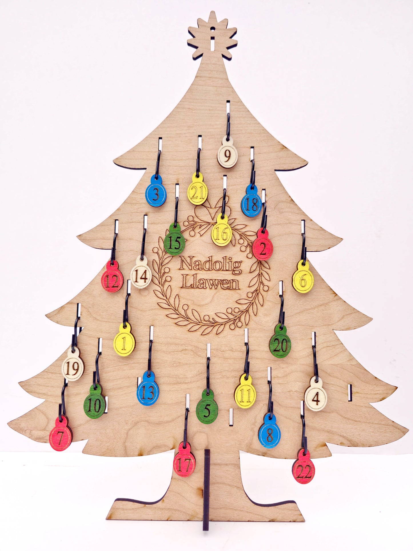 Reusable Advent Christmas Tree Set – Cherrywood MDF with Baubles, Lights & Keepsake Box