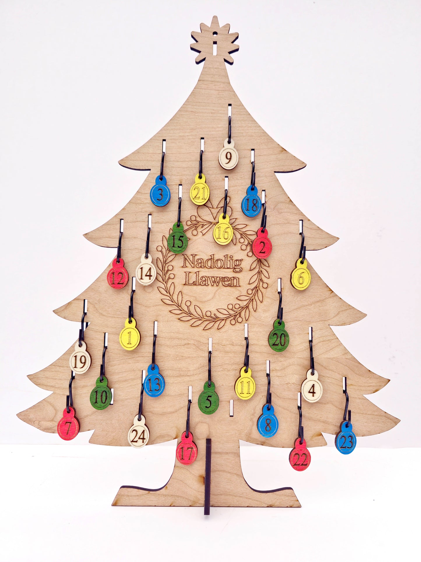 Reusable Advent Christmas Tree Set – Cherrywood MDF with Baubles, Lights & Keepsake Box