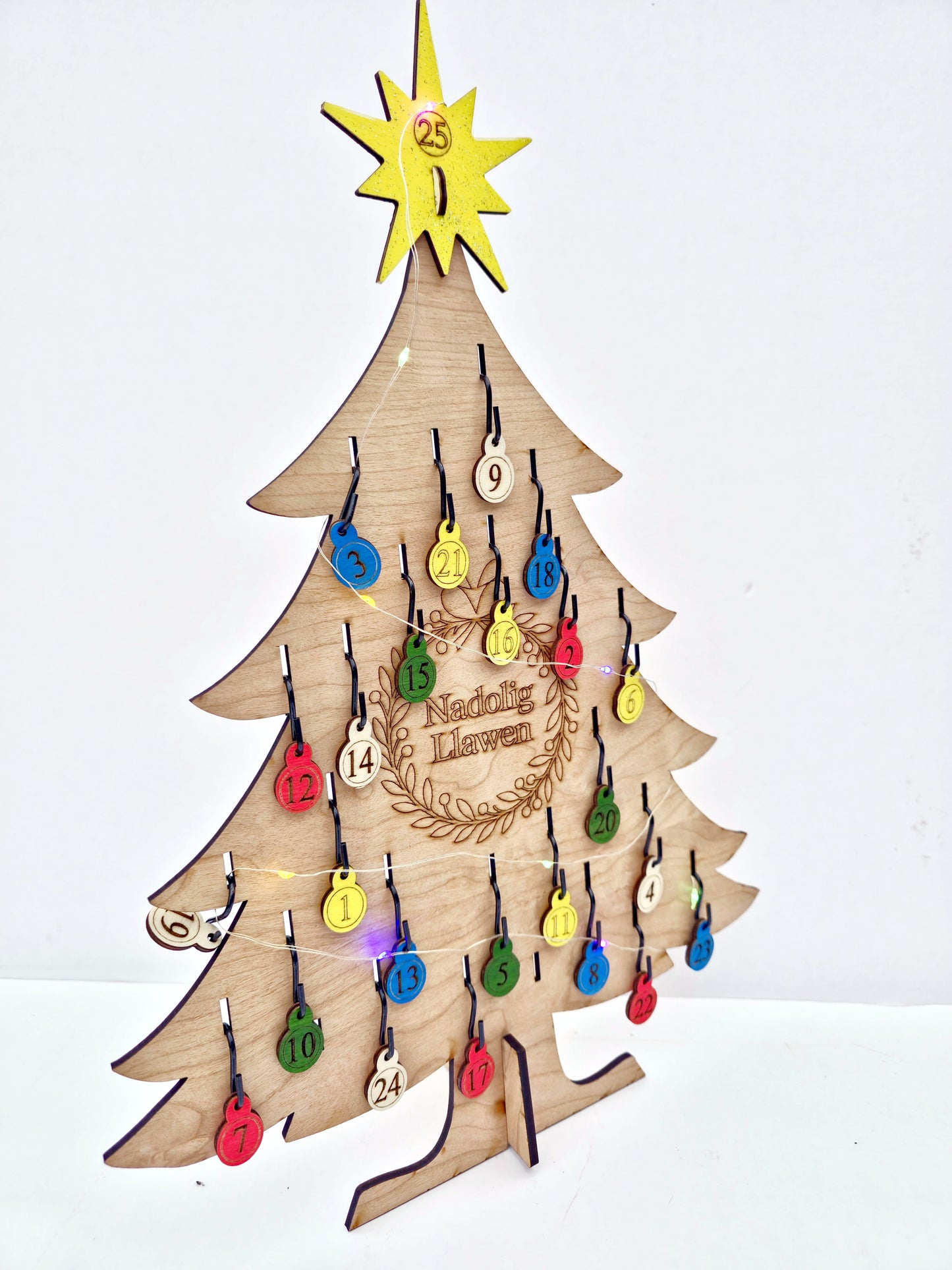 Reusable Advent Christmas Tree Set – Cherrywood MDF with Baubles, Lights & Keepsake Box