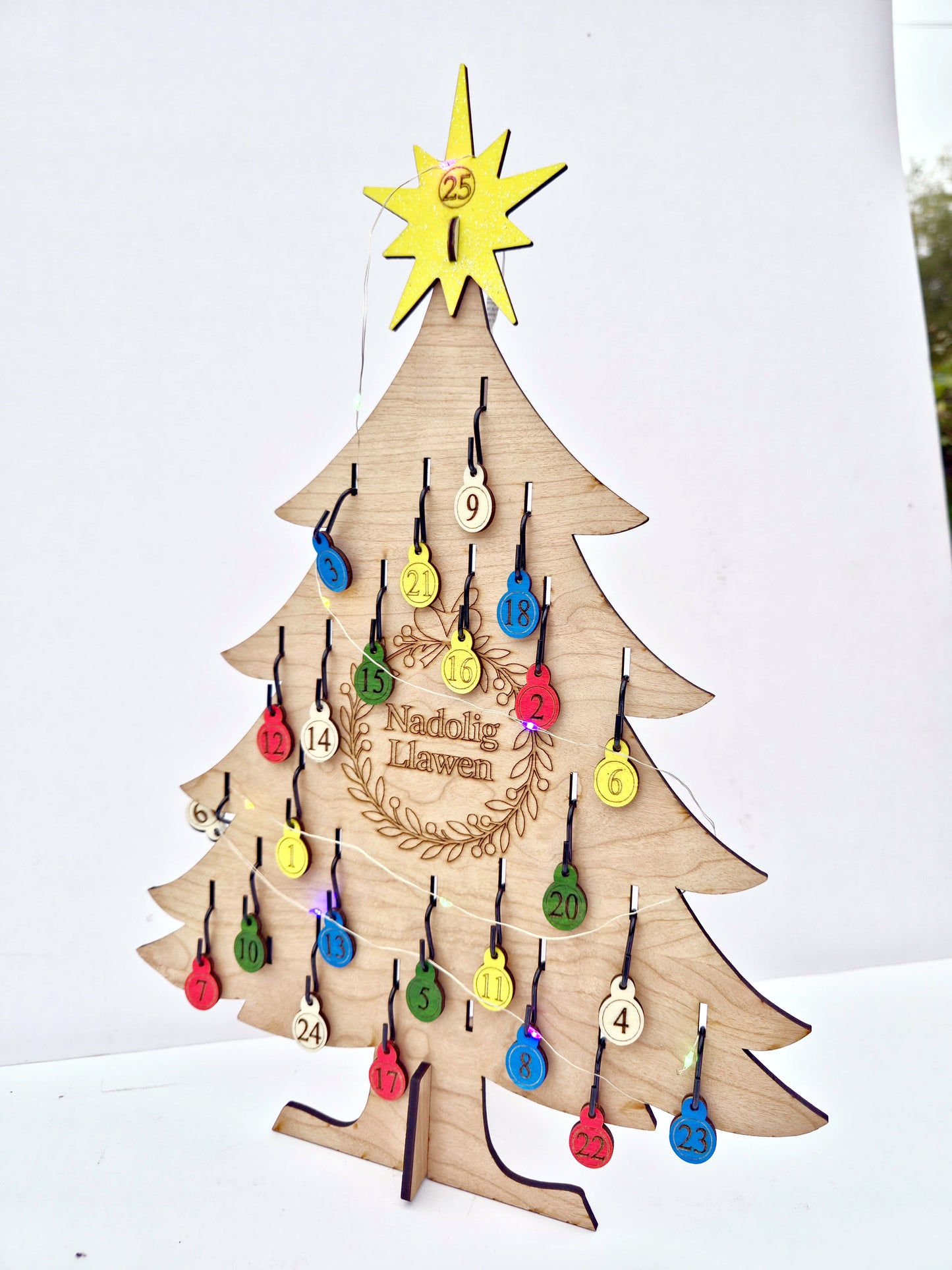 Reusable Advent Christmas Tree Set – Cherrywood MDF with Baubles, Lights & Keepsake Box