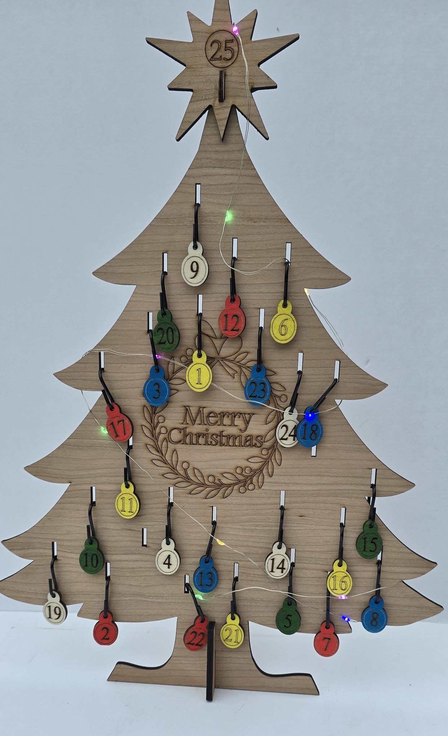 Reusable Advent Christmas Tree Set – Cherrywood MDF with Baubles, Lights & Keepsake Box