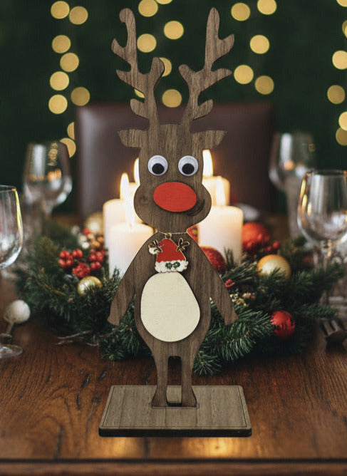 Wooden Christmas Decoration, cheerful reindeer with christmas lights.