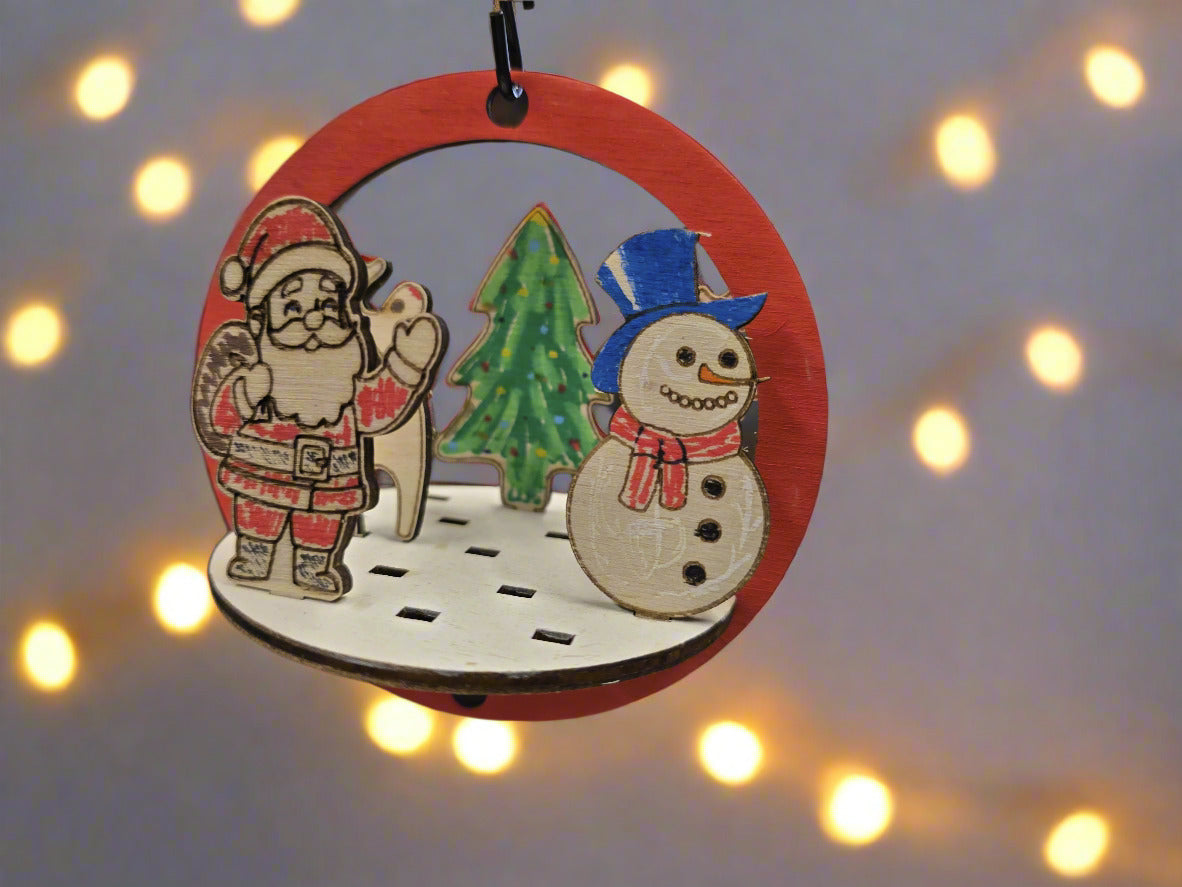 Reusable Wooden Bauble with Tree, Snowman & Reindeer – FSC Poplar Ply: Colour it yourself!