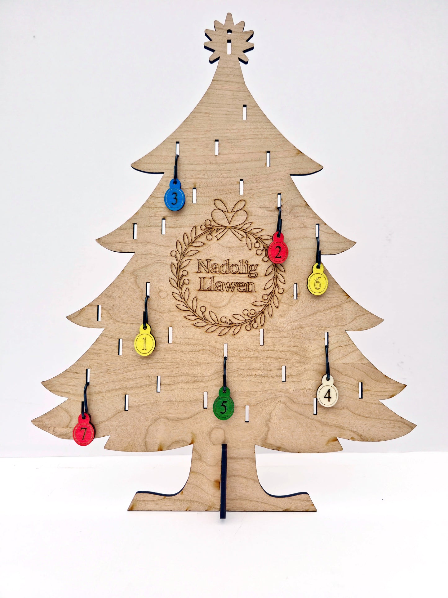 Reusable Advent Christmas Tree Set – Cherrywood MDF with Baubles, Lights & Keepsake Box