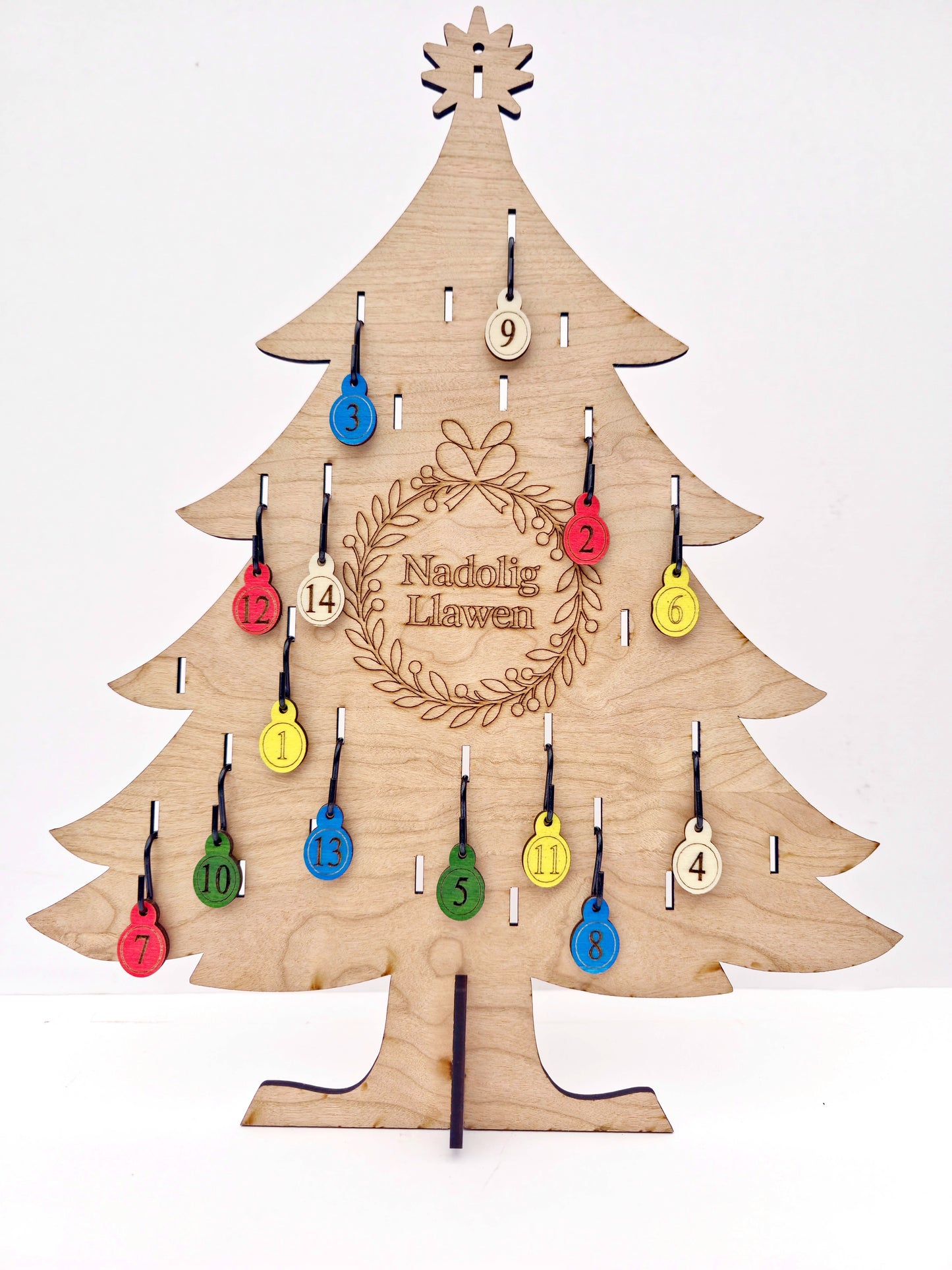 Reusable Advent Christmas Tree Set – Cherrywood MDF with Baubles, Lights & Keepsake Box