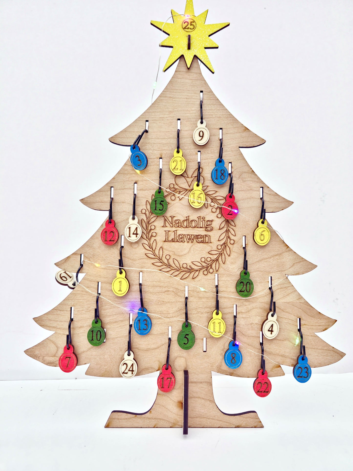 Reusable Advent Christmas Tree Set – Cherrywood MDF with Baubles, Lights & Keepsake Box