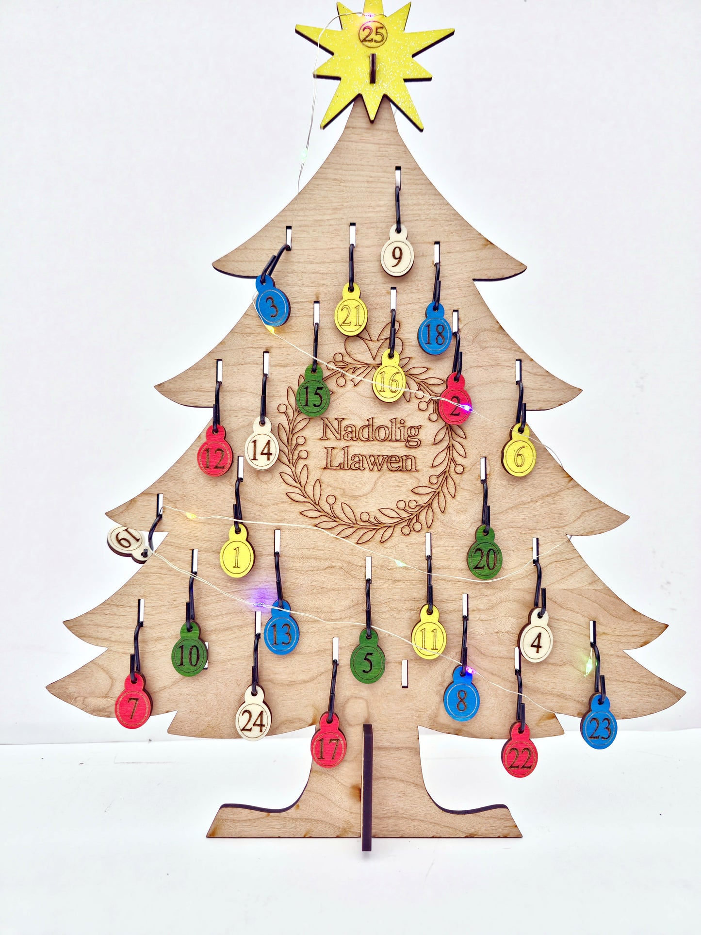 Reusable Advent Christmas Tree Set – Cherrywood MDF with Baubles, Lights & Keepsake Box