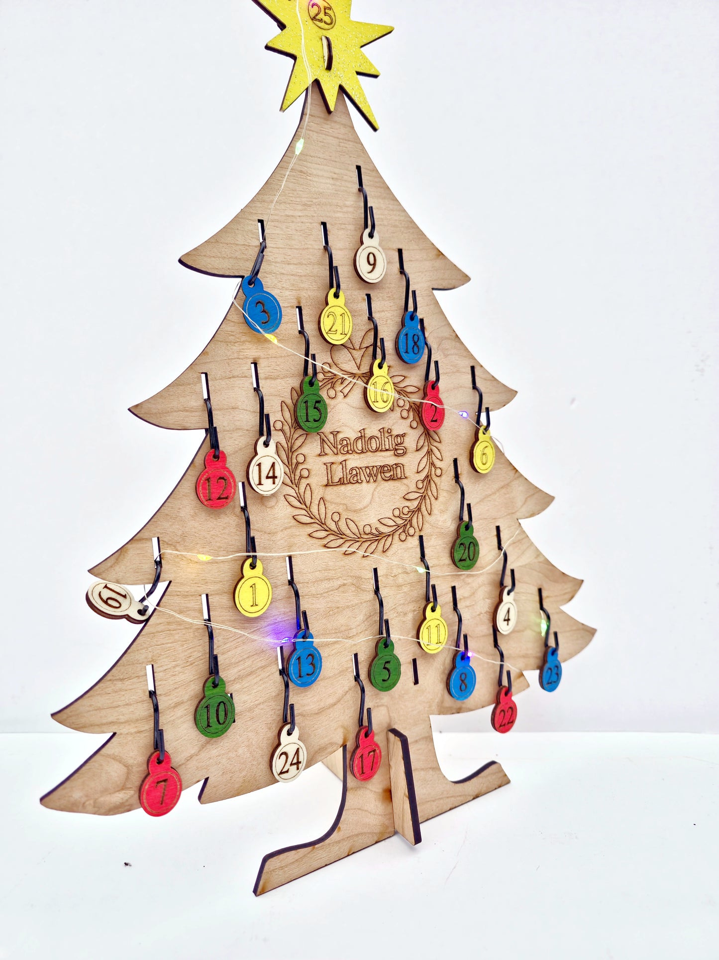 Reusable Advent Christmas Tree Set – Cherrywood MDF with Baubles, Lights & Keepsake Box