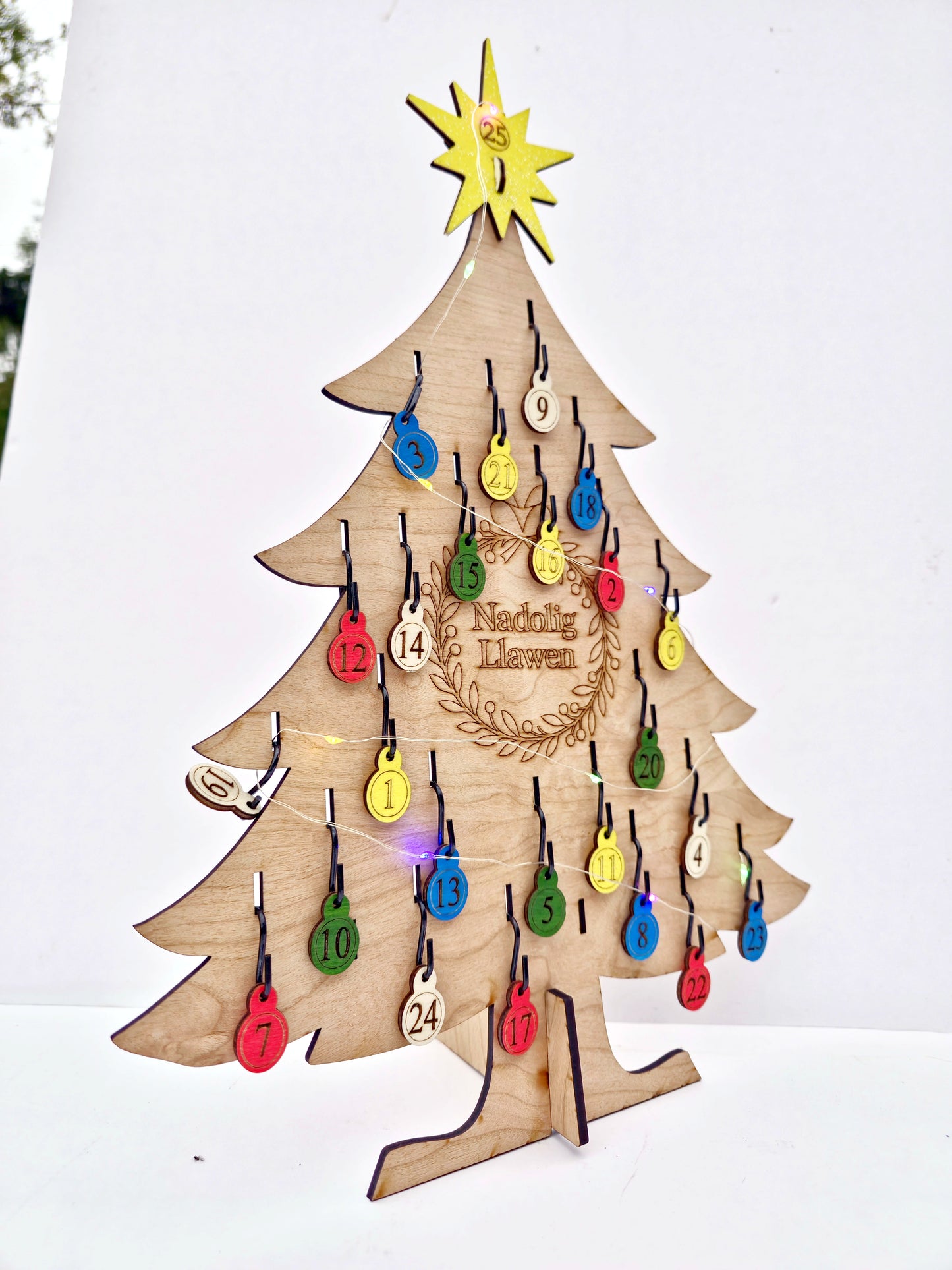 Reusable Advent Christmas Tree Set – Cherrywood MDF with Baubles, Lights & Keepsake Box