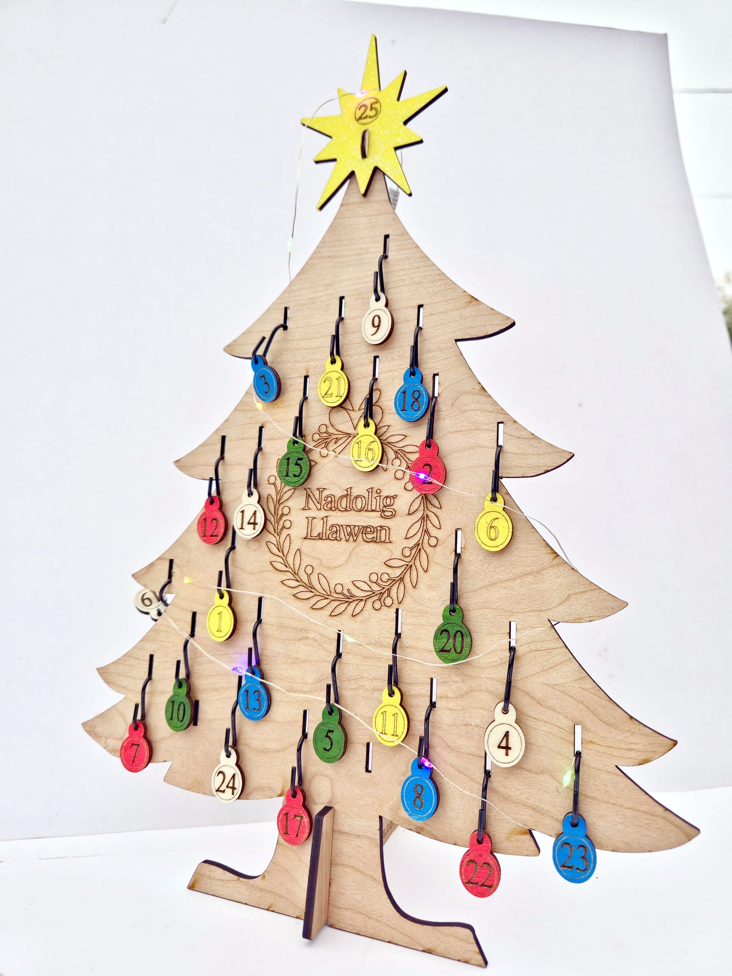 Reusable Advent Christmas Tree Set – Cherrywood MDF with Baubles, Lights & Keepsake Box