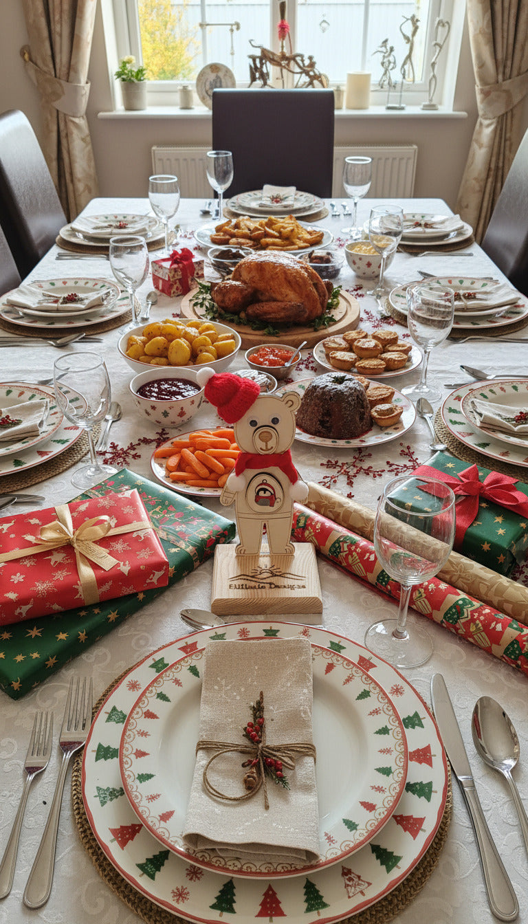 Wooden bear figurine with a red scarf and hat on a concrete floor.