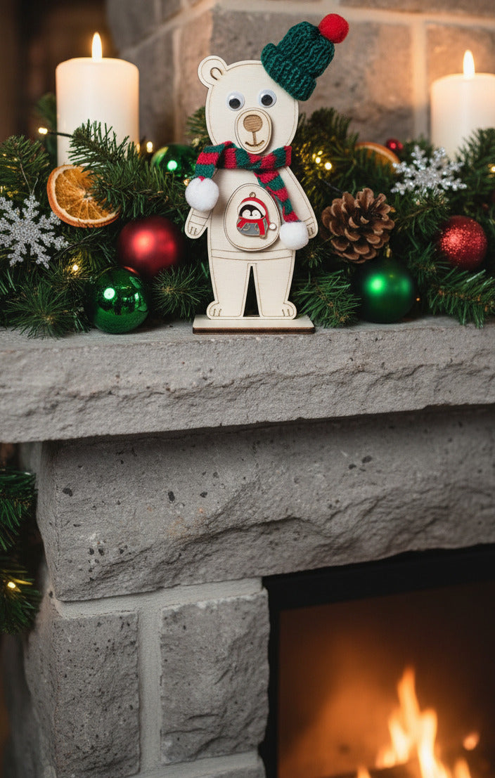 Cute wooden polar bear with hat and scarf on a beige background